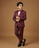 Kid's Suit Maroon – Japanese Self Print Tuxedo Blazer, Waistcoat, Shirt, Bow Tie & Pant