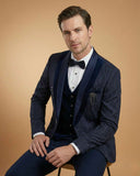 Men's Suit Navy Blue – Machine Embroidery Plain Tuxedo Blazer, Waistcoat, Shirt, Bow Tie & Pant