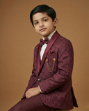 Kid's Suit Maroon – Japanese Self Print Tuxedo Blazer, Waistcoat, Shirt, Bow Tie & Pant