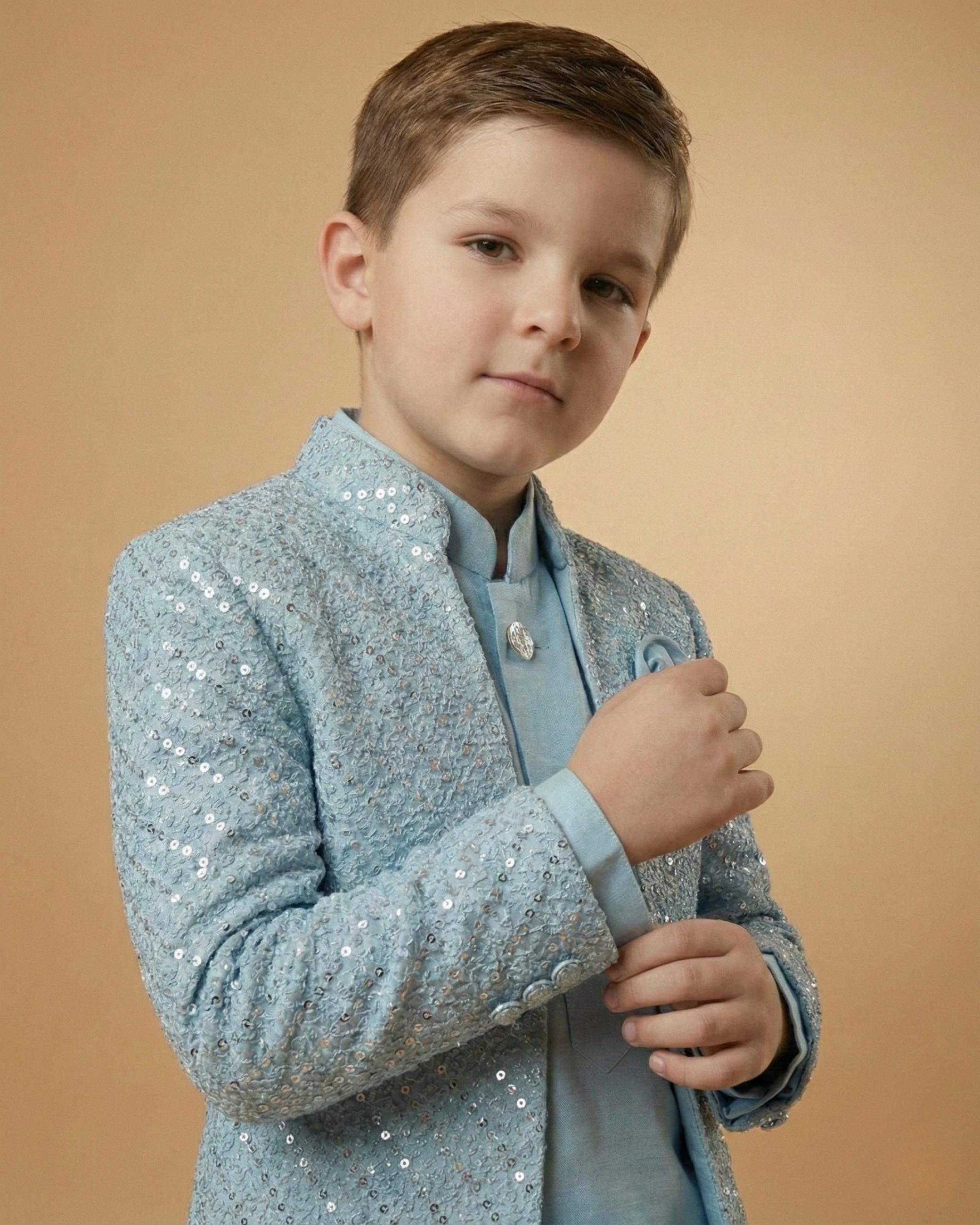 Kid's Indo Western Sky Blue – Machine Embroidery Front Open Indo Jacket & Pant