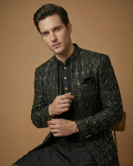 Semi Indo Black – Machine Embroidery Plain Front Open Indo, Kurta & Pant