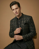 Semi Indo Black – Machine Embroidery Plain Front Open Indo, Kurta & Pant