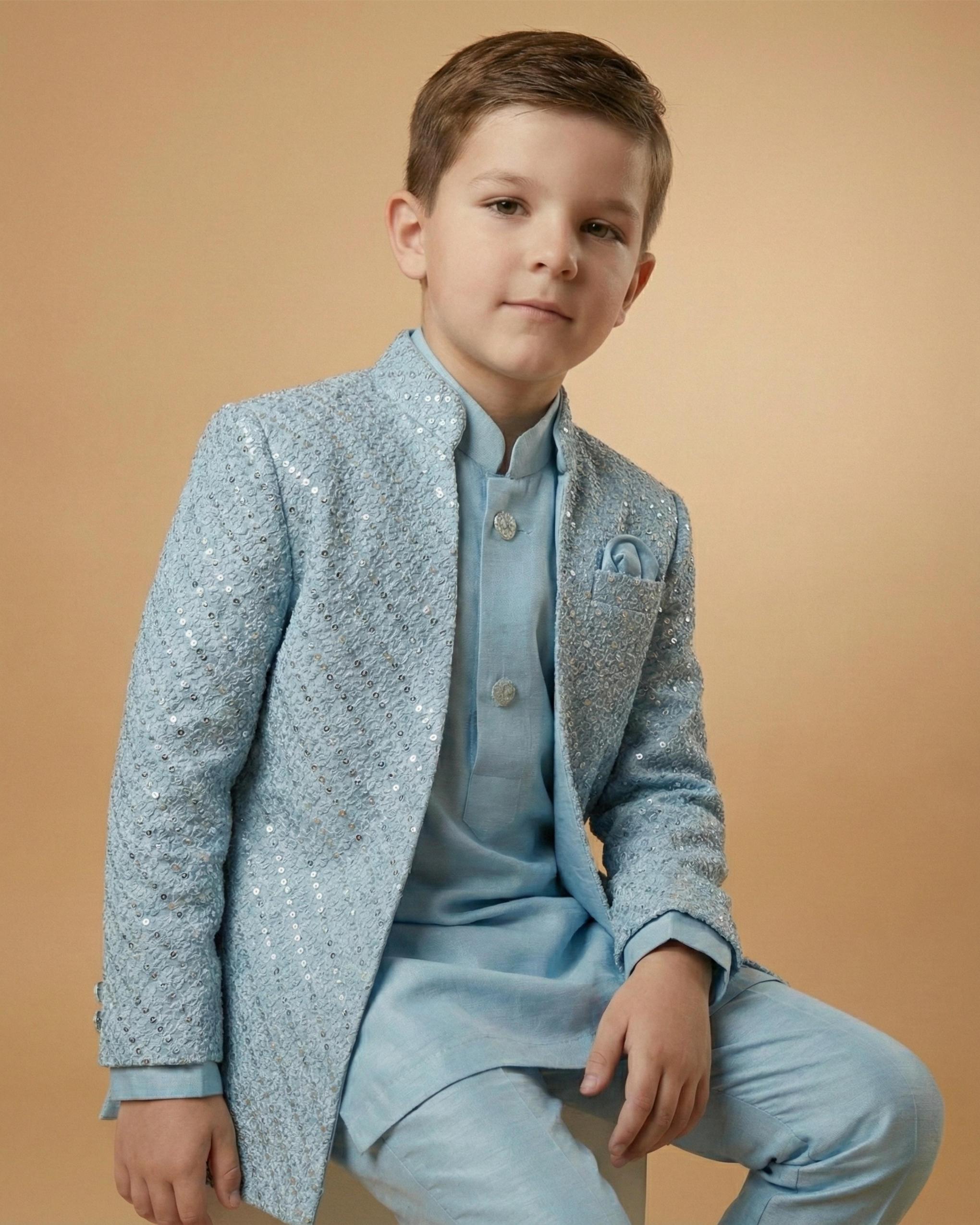 Kid's Indo Western Sky Blue – Machine Embroidery Front Open Indo Jacket & Pant