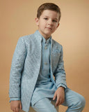 Kid's Indo Western Sky Blue – Machine Embroidery Front Open Indo Jacket & Pant