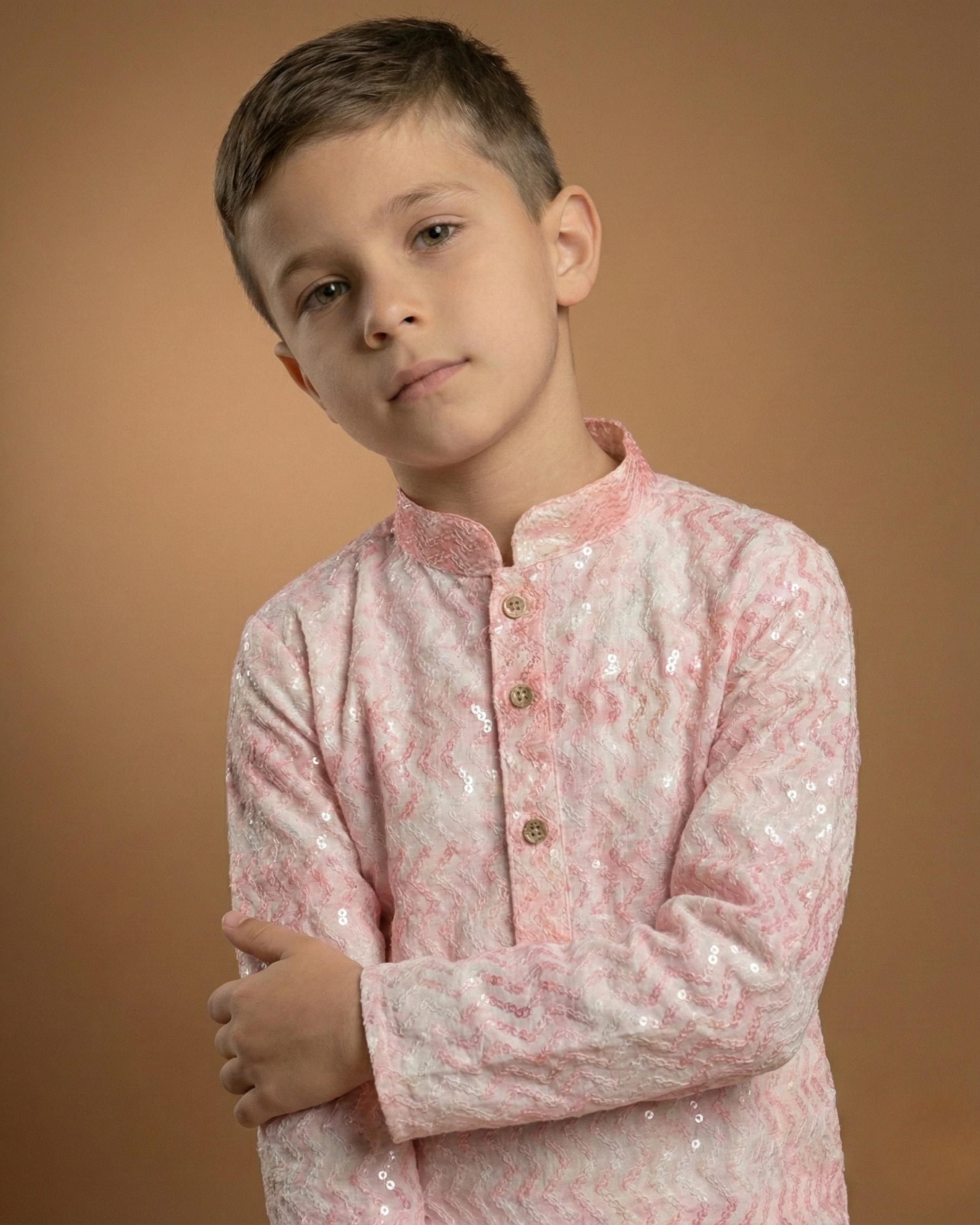 Kid's Kurta Gajri – Sequence Collar Patti Sleeves Straight Kurta & Pajama