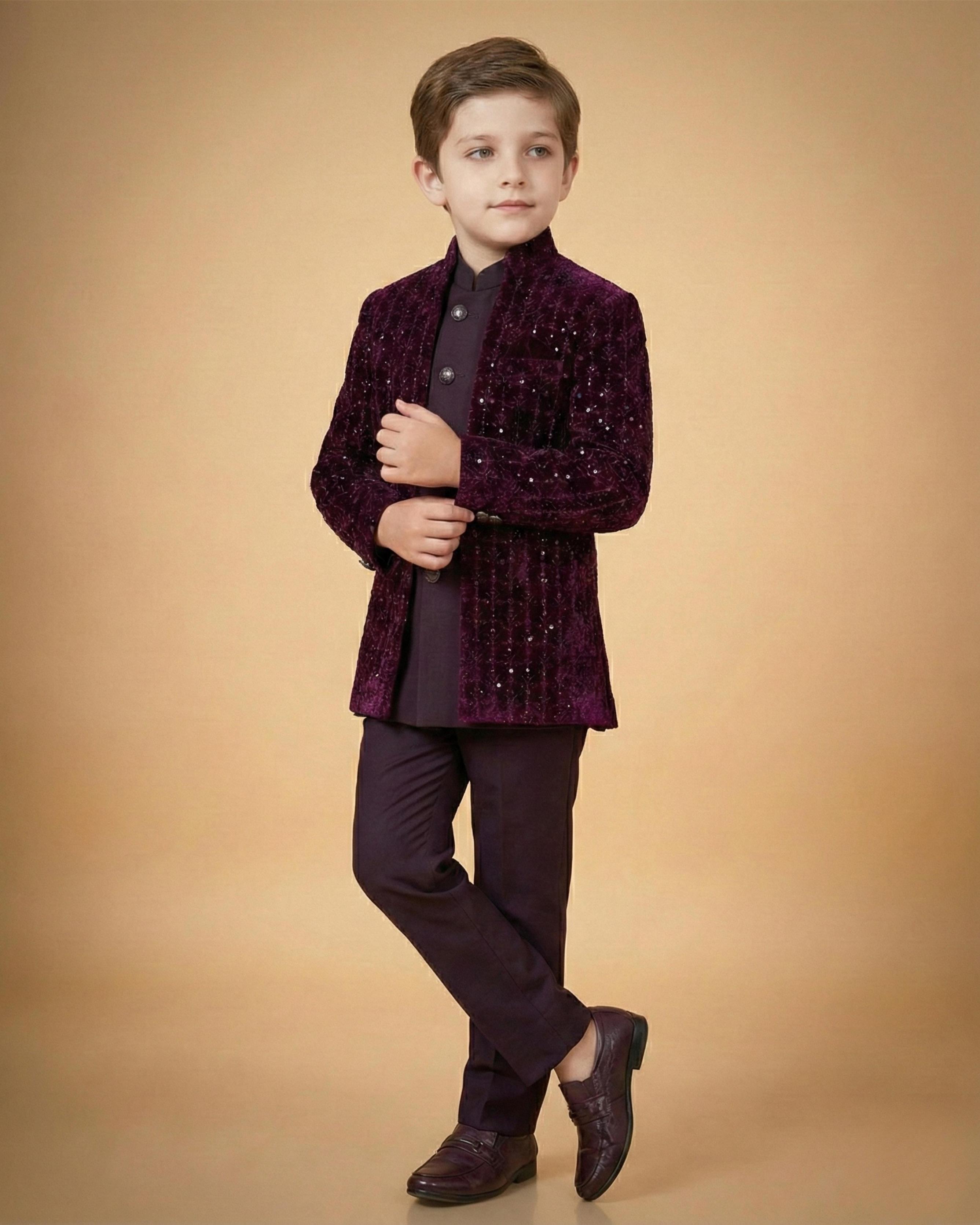 Kid's Indo Western Wine – Rich Velvet Embroidery Front Open Indo Jacket & Pant