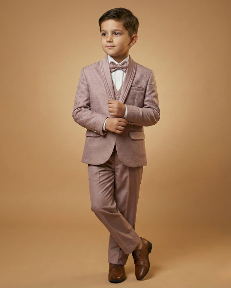 Kid's Suit Dusty Onion – Machine Embroidery Self Print Tuxedo Blazer, Waistcoat, Shirt, Bow Tie & Pant