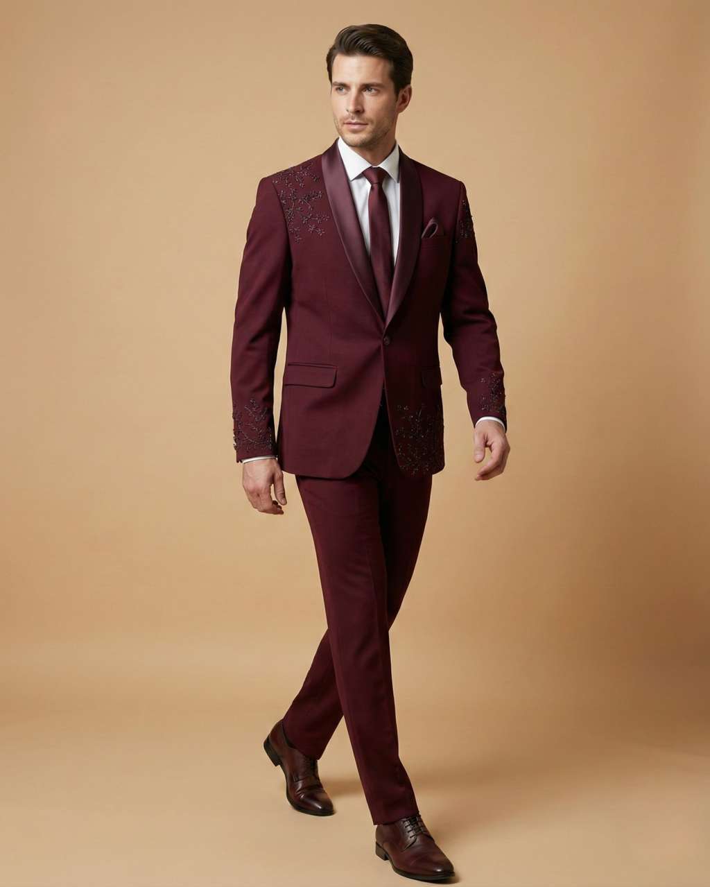 Men's Suit Maroon – Japanese Hand Work Tuxedo Blazer, Waistcoat, Shirt, Tie & Pant