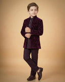 Kid's Indo Western Wine – Rich Velvet Embroidery Front Open Indo Jacket & Pant