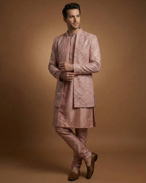 Semi Indo Onion – Machine Embroidery Plain Front Open Indo, Kurta & Pant