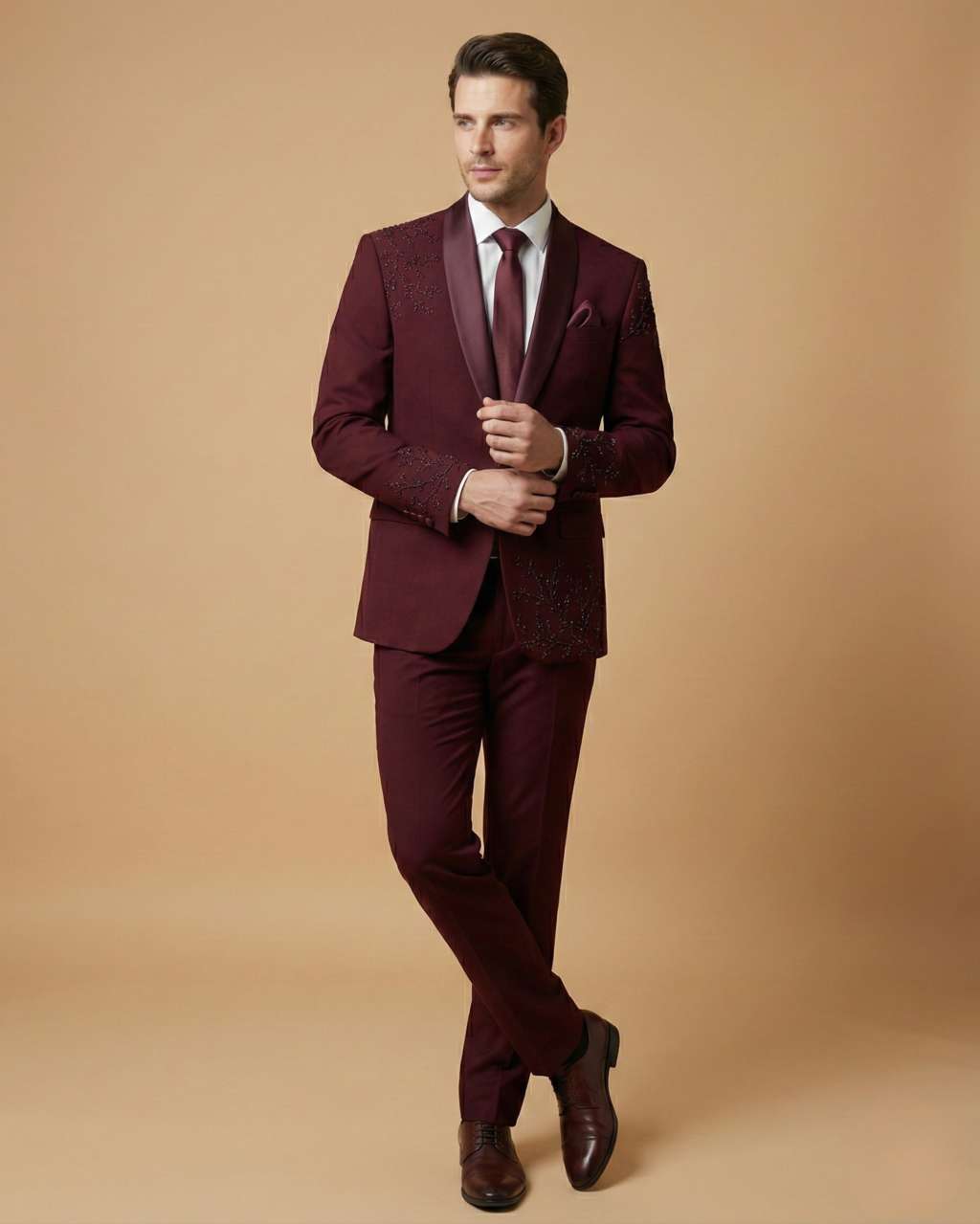 Men's Suit Maroon – Japanese Hand Work Tuxedo Blazer, Waistcoat, Shirt, Tie & Pant