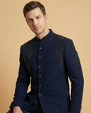 Navy Blue Machine Embroidery Front Open Jodhpuri Suit