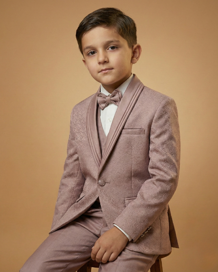 Kid's Suit Dusty Onion – Machine Embroidery Self Print Tuxedo Blazer, Waistcoat, Shirt, Bow Tie & Pant