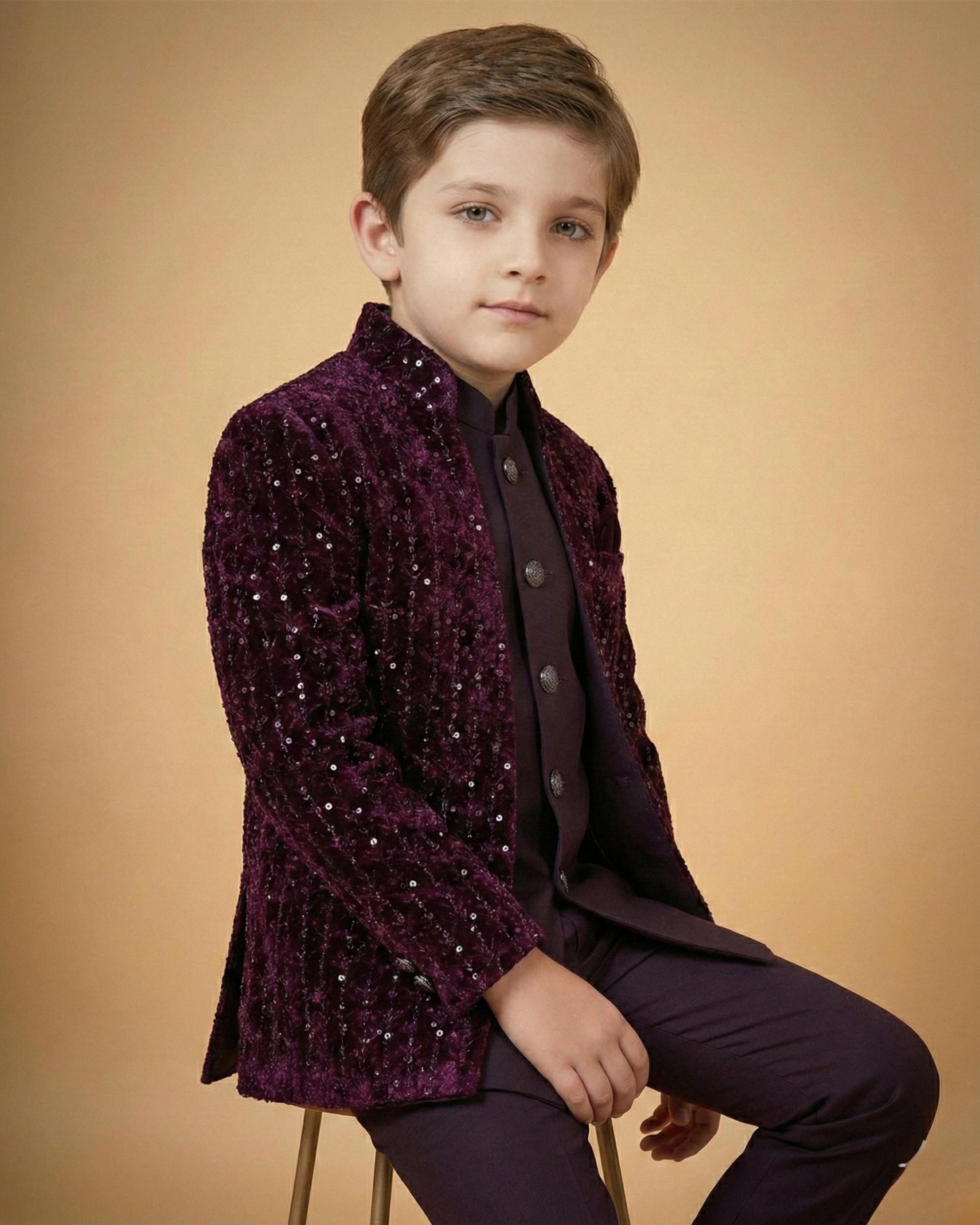 Kid's Indo Western Wine – Rich Velvet Embroidery Front Open Indo Jacket & Pant