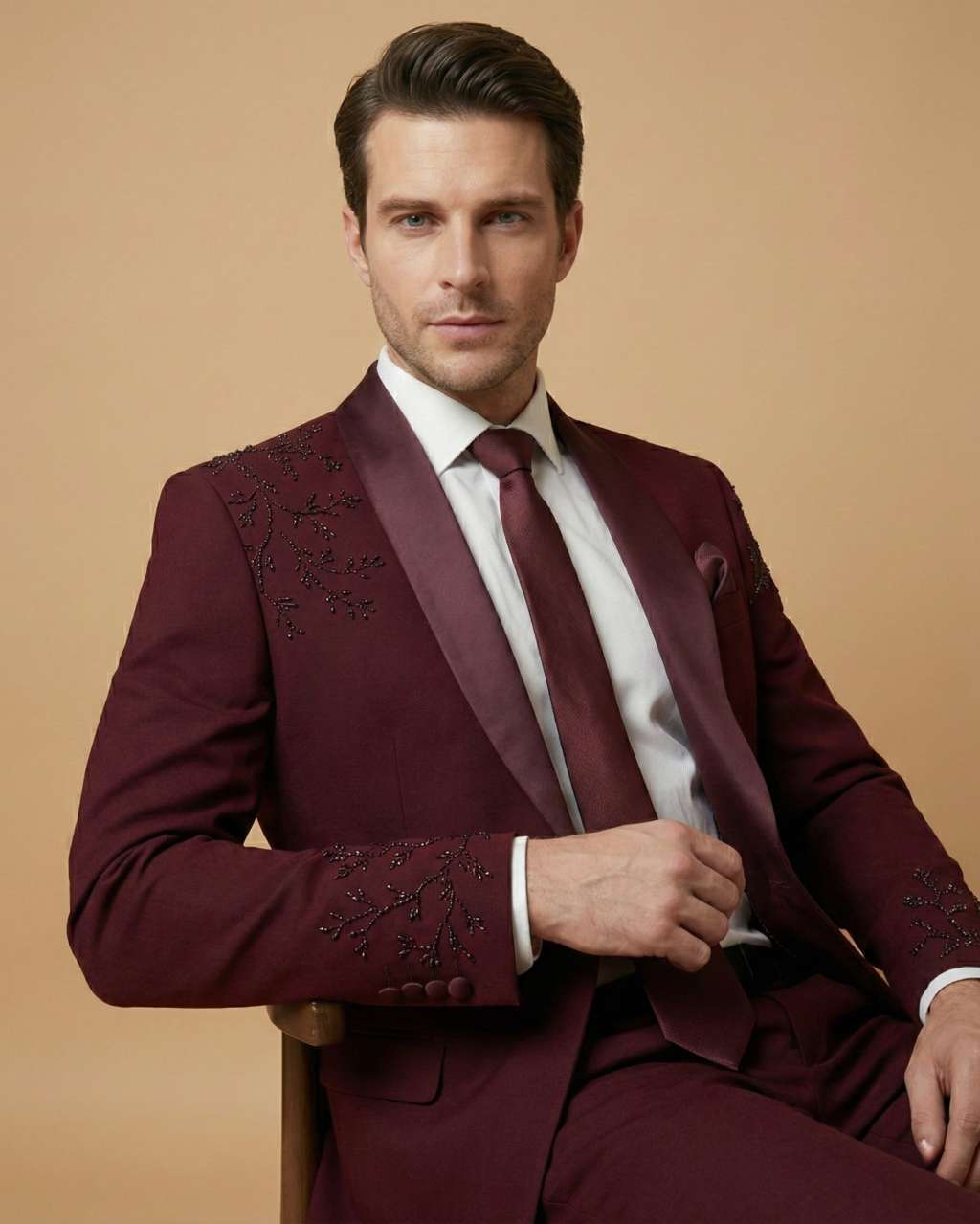 Men's Suit Maroon – Japanese Hand Work Tuxedo Blazer, Waistcoat, Shirt, Tie & Pant
