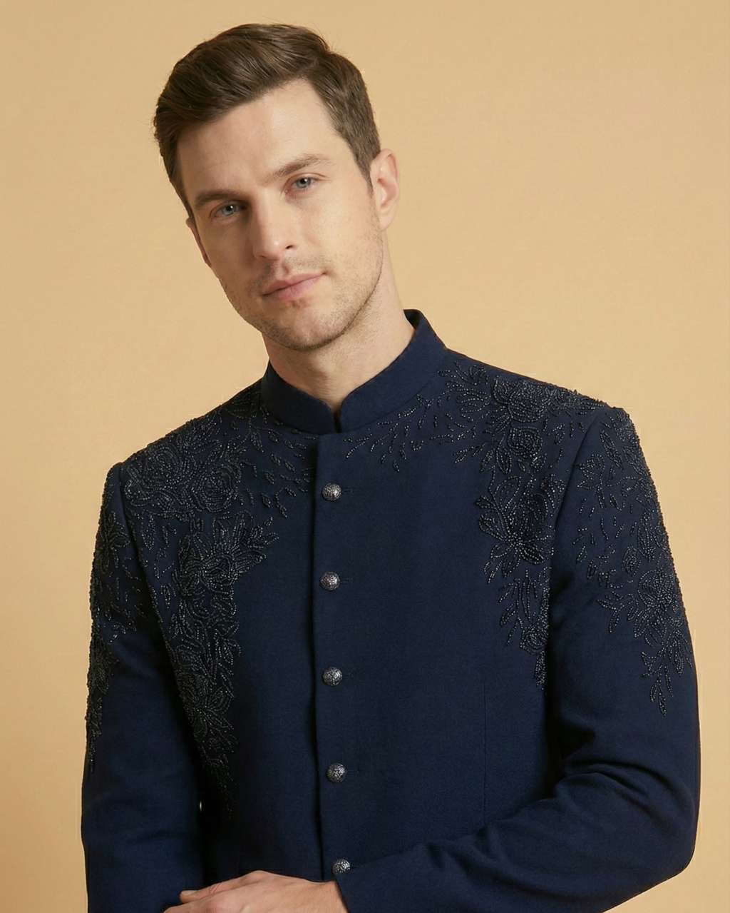 Navy Blue Machine Embroidery Front Open Jodhpuri Suit