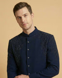 Navy Blue Machine Embroidery Front Open Jodhpuri Suit