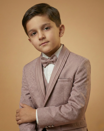 Kid's Suit Dusty Onion – Machine Embroidery Self Print Tuxedo Blazer, Waistcoat, Shirt, Bow Tie & Pant