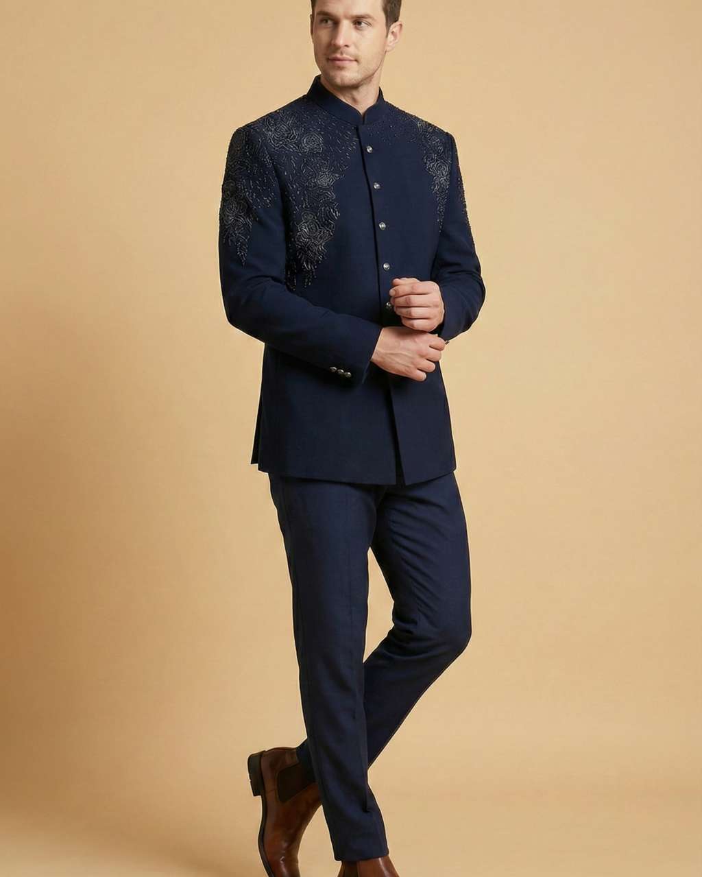 Navy Blue Machine Embroidery Front Open Jodhpuri Suit