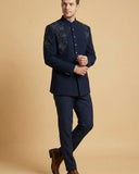 Navy Blue Machine Embroidery Front Open Jodhpuri Suit