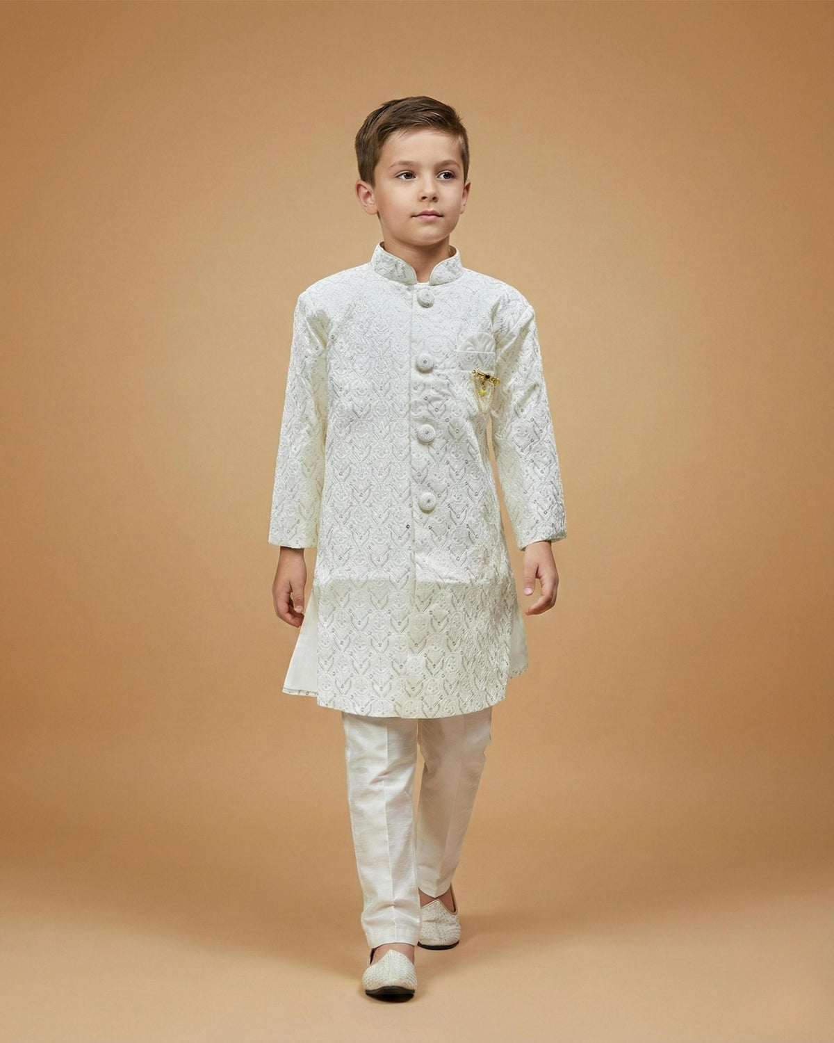 Kid's Indo Western Cream – Machine Embroidery Collar Button Straight Indo Jacket & Pant