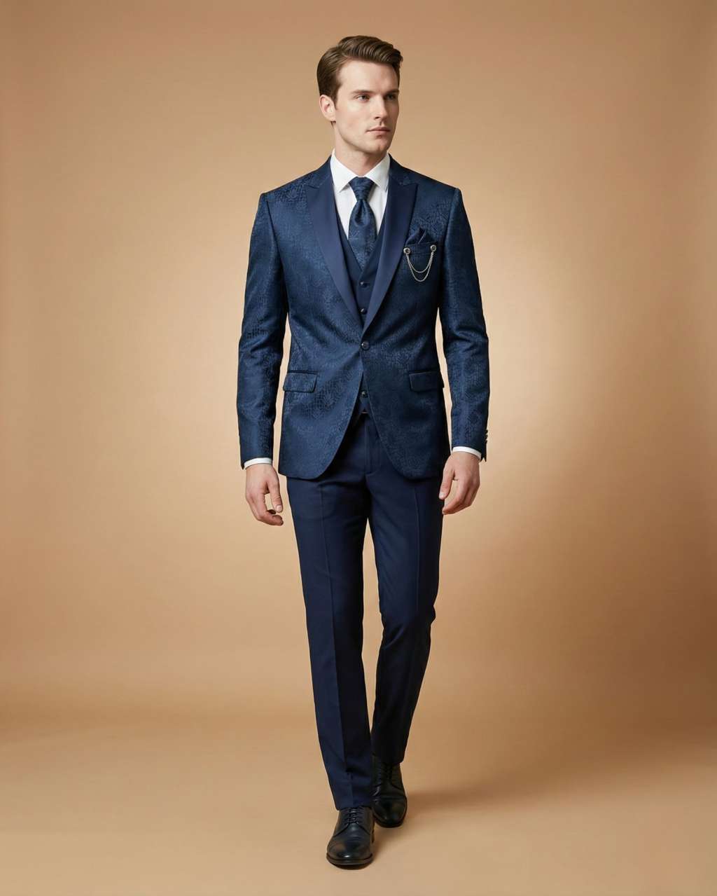 Men's Suit Navy Blue – Imported Jacquard Plain Tuxedo Blazer, Waistcoat, Shirt, Tie & Pant