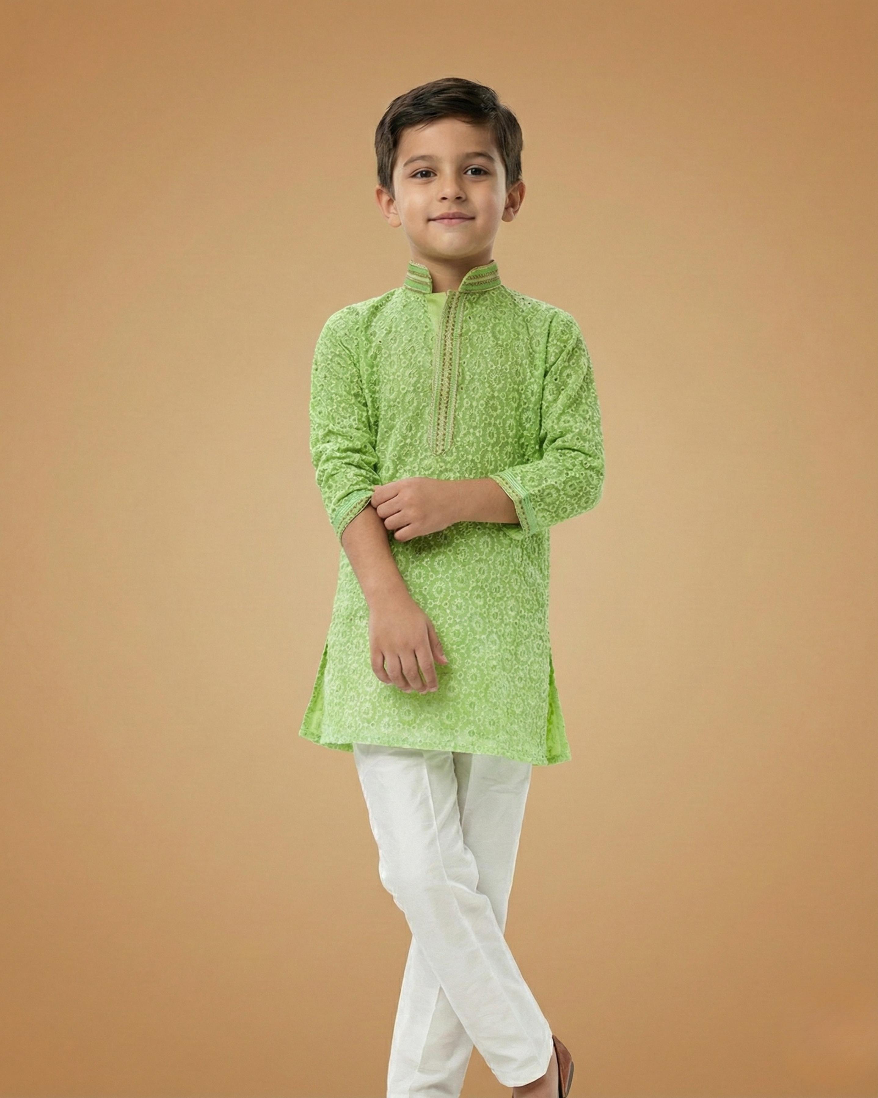 Kid's Kurta Parrot Green – Jacquard Mala Patti Straight Kurta & Pajama