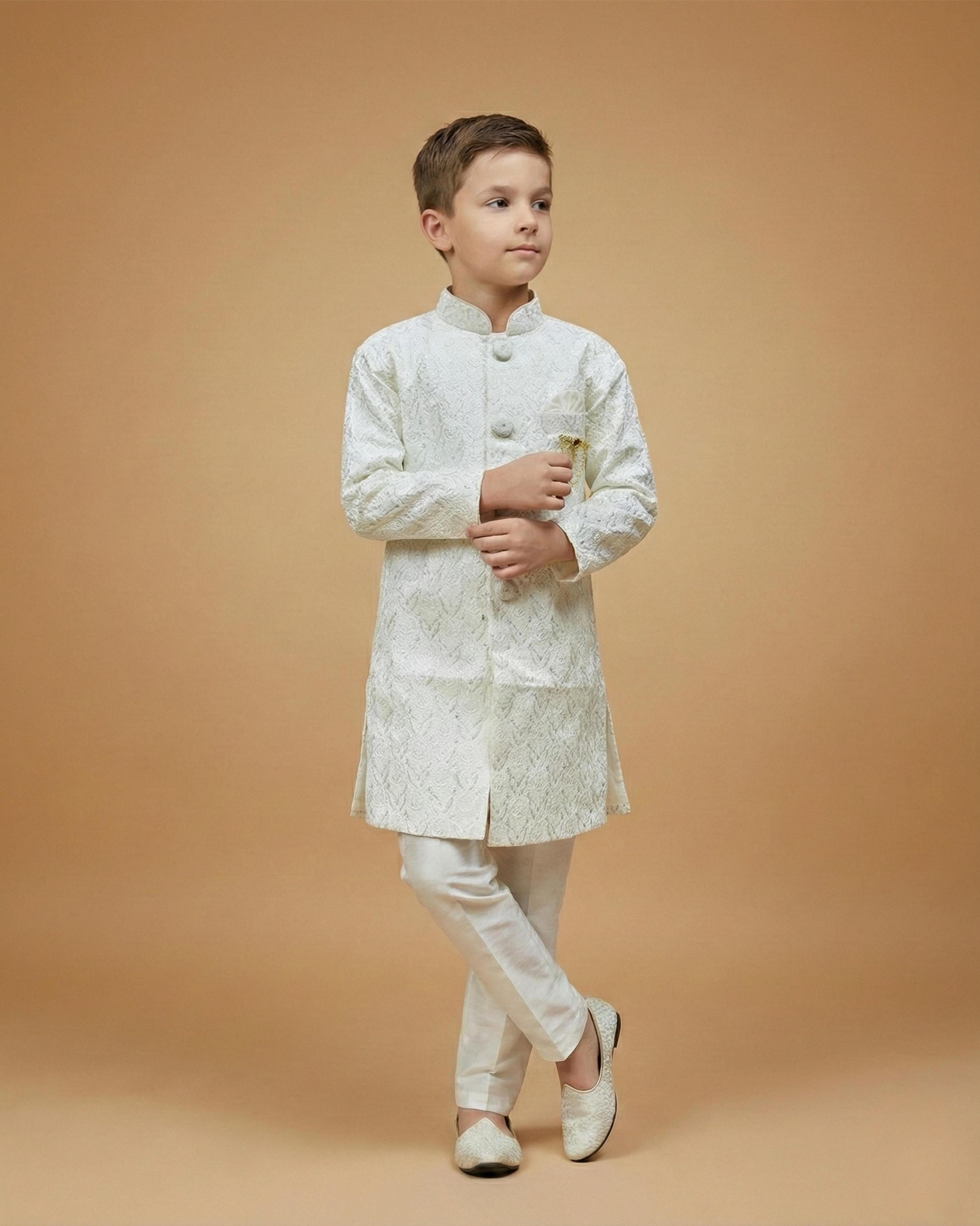 Kid's Indo Western Cream – Machine Embroidery Collar Button Straight Indo Jacket & Pant