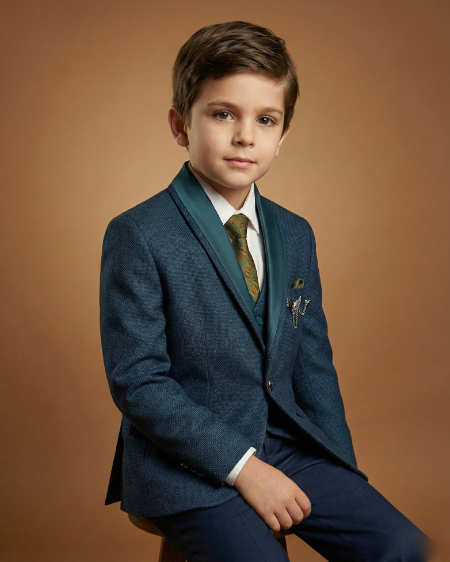 Kid's Suit Teal Blue – Imported T.R Plain Tuxedo Blazer, Waistcoat, Shirt, Tie & Pant