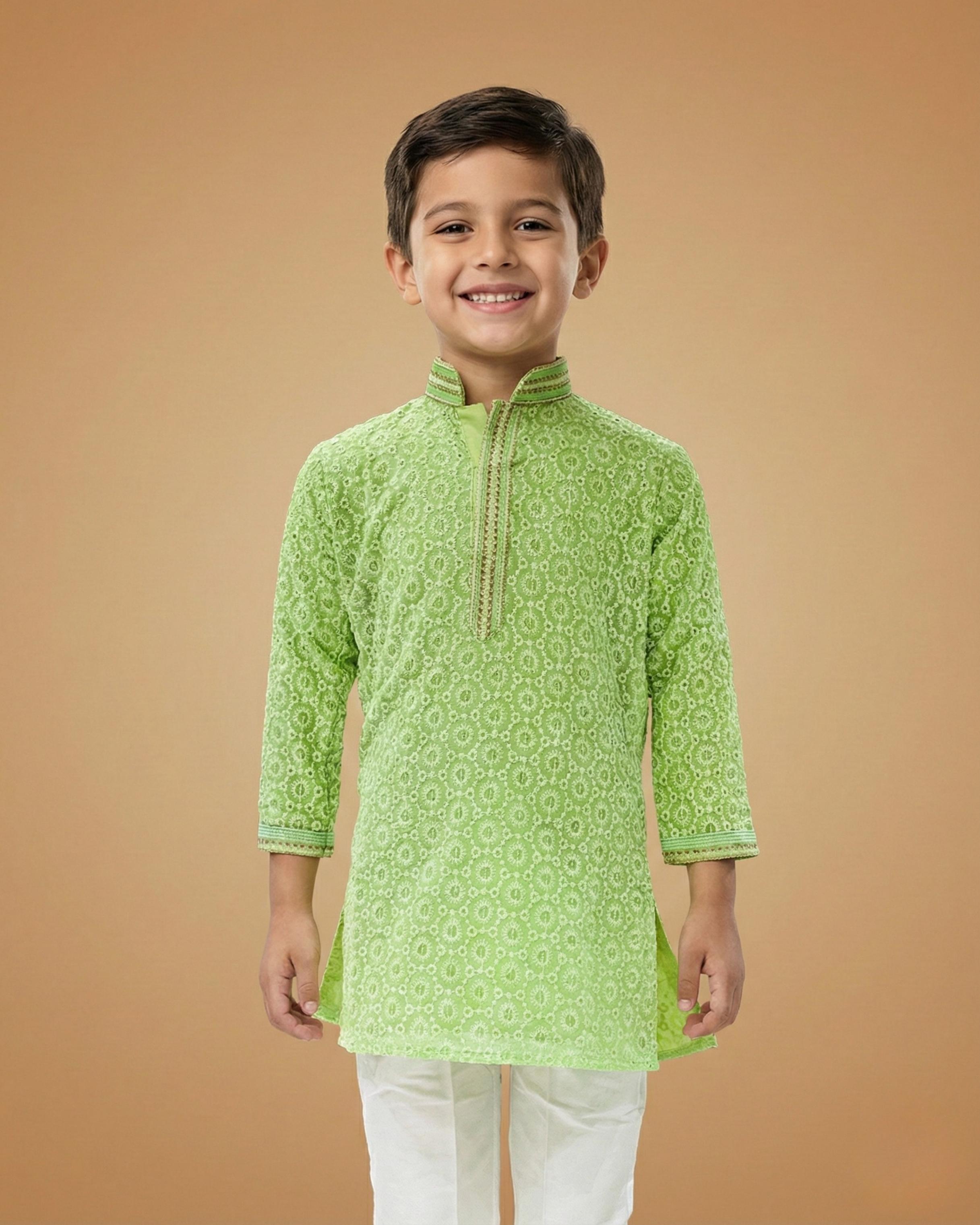 Kid's Kurta Parrot Green – Jacquard Mala Patti Straight Kurta & Pajama