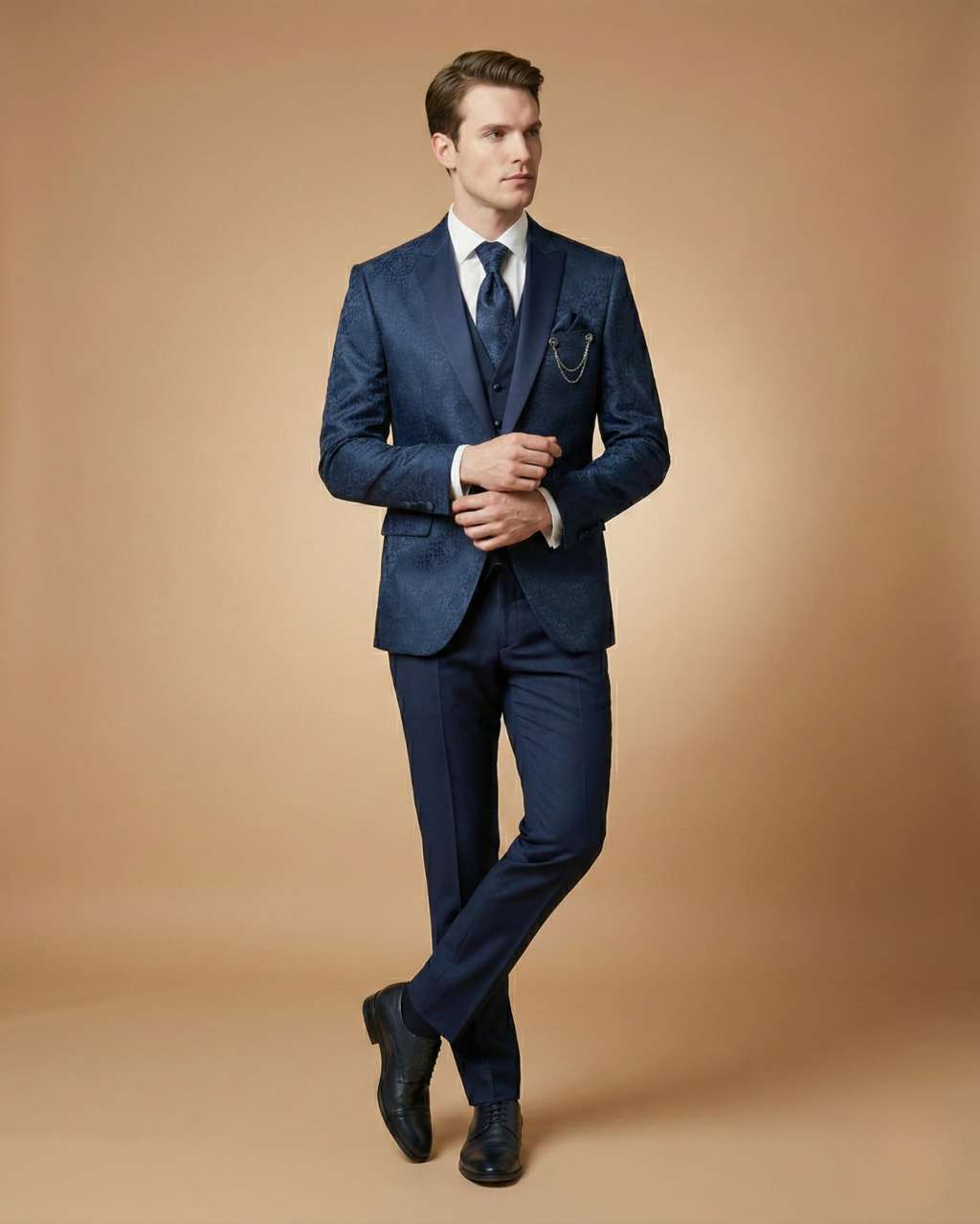 Men's Suit Navy Blue – Imported Jacquard Plain Tuxedo Blazer, Waistcoat, Shirt, Tie & Pant