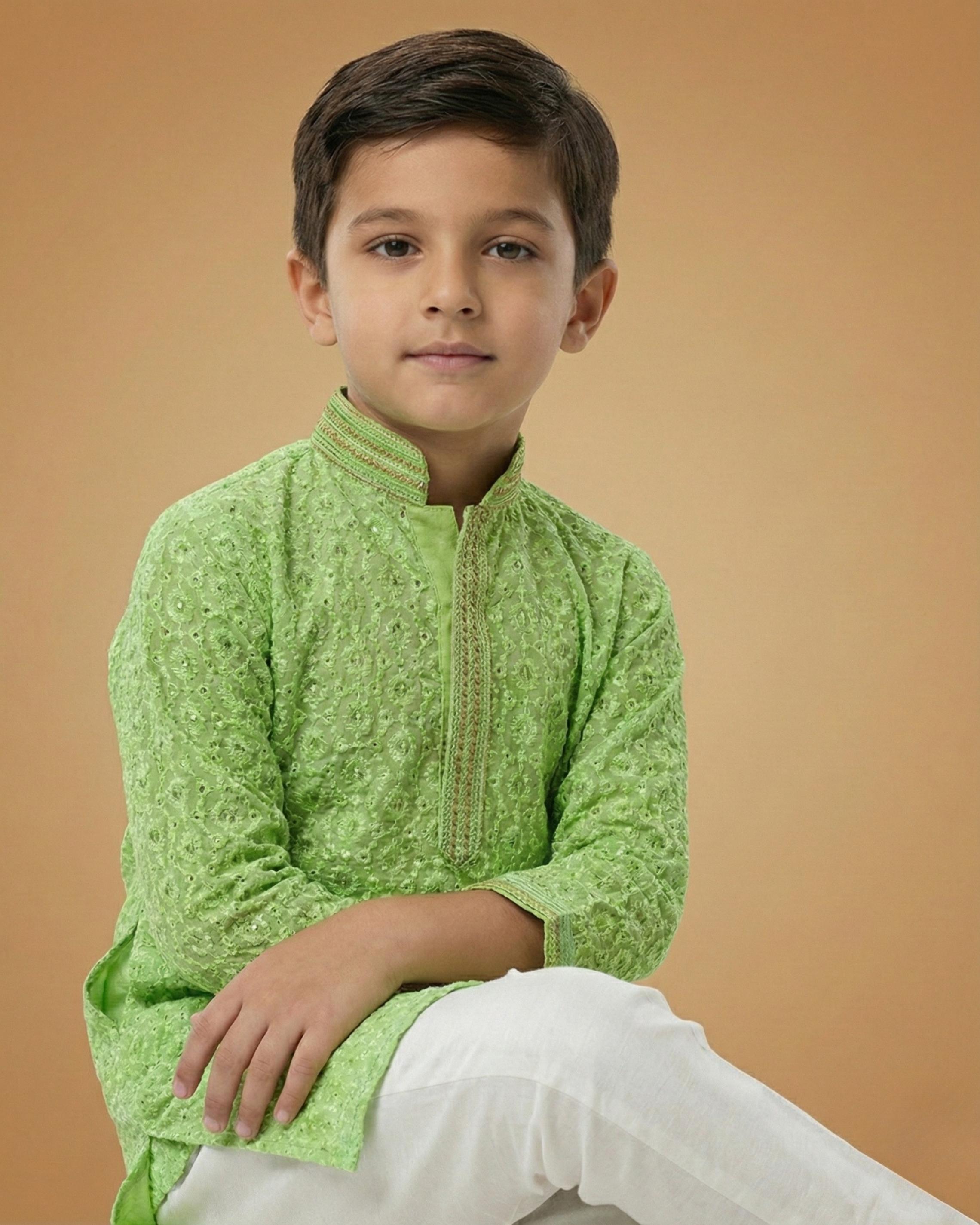 Kid's Kurta Parrot Green – Jacquard Mala Patti Straight Kurta & Pajama