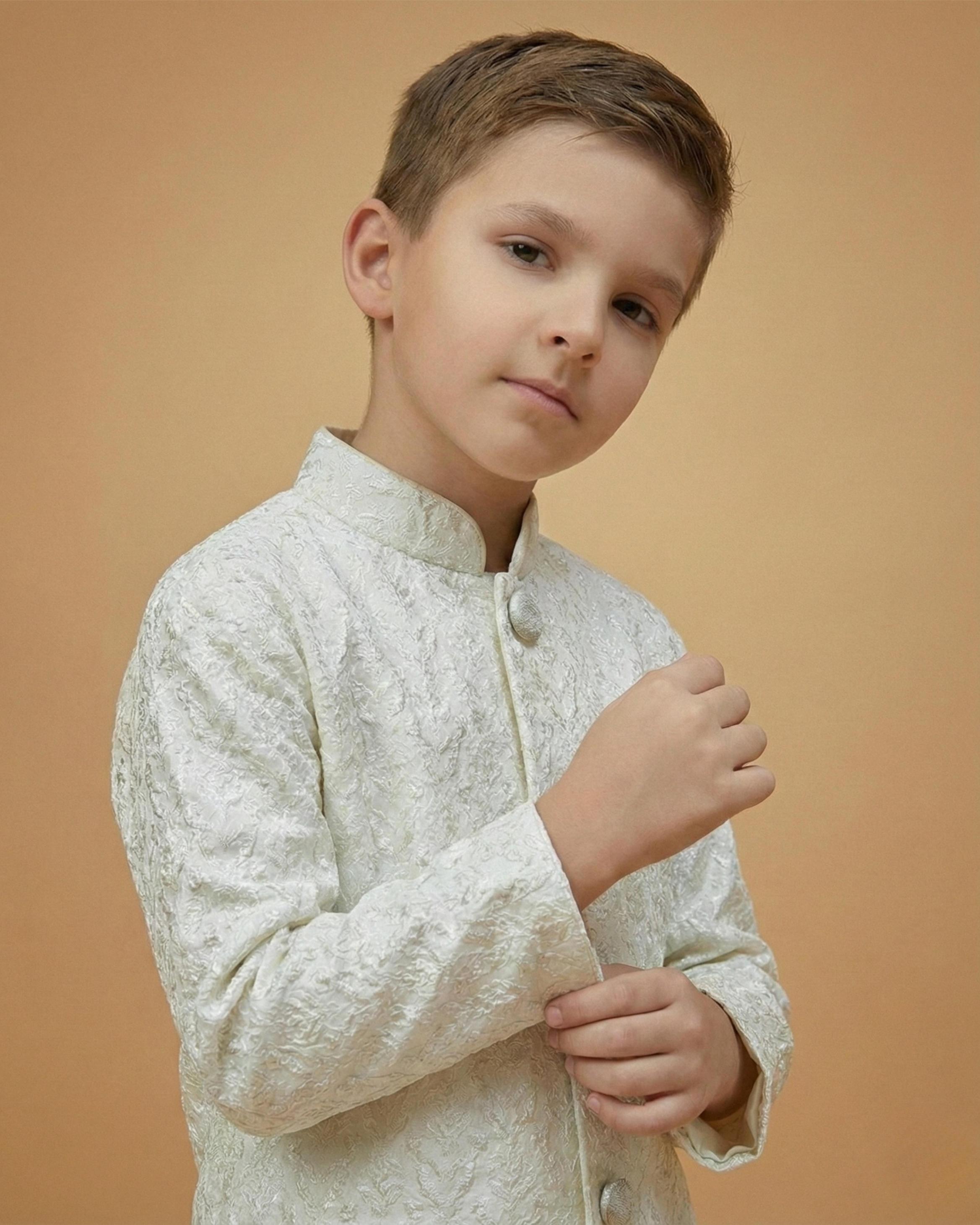 Kid's Indo Western Cream – Machine Embroidery Collar Button Straight Indo Jacket & Pant