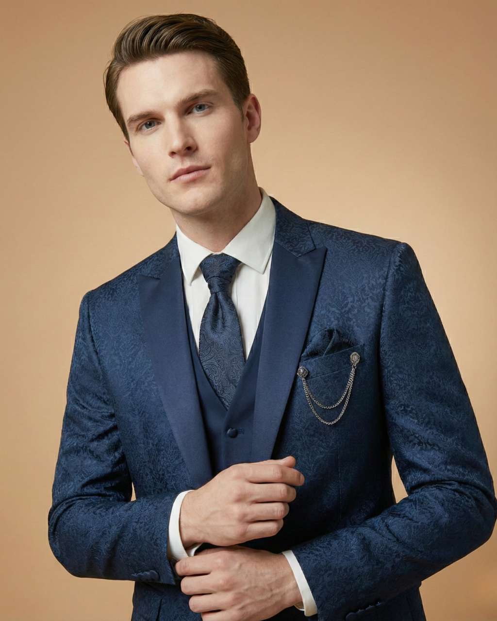 Men's Suit Navy Blue – Imported Jacquard Plain Tuxedo Blazer, Waistcoat, Shirt, Tie & Pant